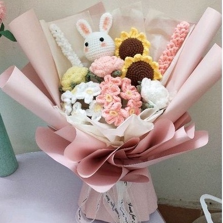 Bó hoa len dệt kim 10 bông gói sẵn kèm túi đựng handmade làm quà tặng ngọt ngào ngày valentime, 8/3, 20/10 cho bạn gái