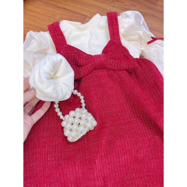 Set Váy Nơ Đỏ Kèm Áo Dành Cho Bé Gái Hàng QCCC Siêu Dày, Ấm Áp