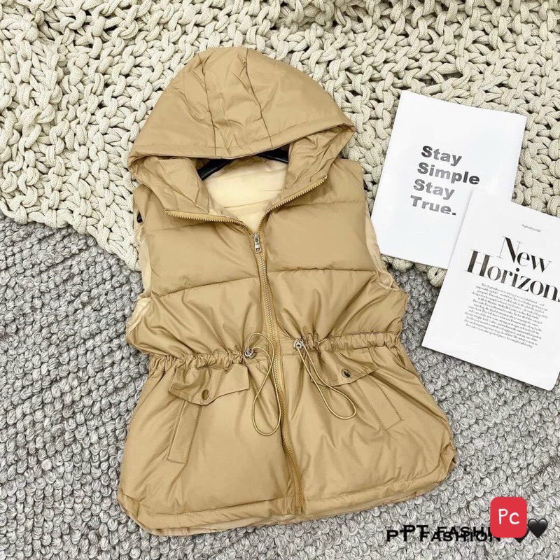 Áo Gile phao nữ dáng ngắn thiết kế crotop, áo Gile phao có mũ rút dây eo chất phao siêu nhẹ chống bám bụi