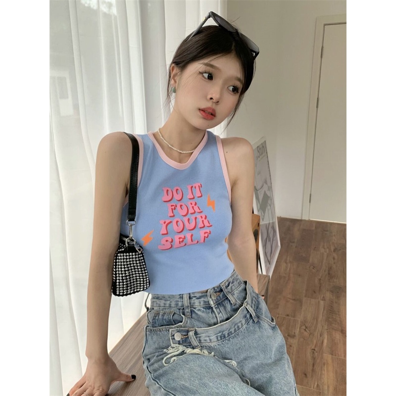 QKOOLE Áo tanktop  cổ tròn in chữ thời trang mùa hè