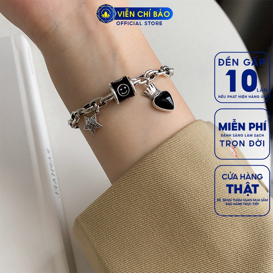 Lắc tay bạc nữ trái tim đen charm sao mặt cười chất liệu bạc Thái 925 thời trang phụ kiện trang sức Viễn Chí Bảo L000719