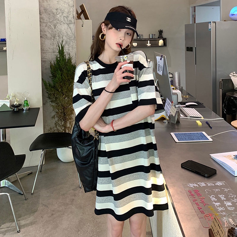 Đầm XINLANYASHE ngắn tay dáng rộng họa tiết kẻ sọc thời trang Hàn Quốc giản dị dành cho bạn nữ
