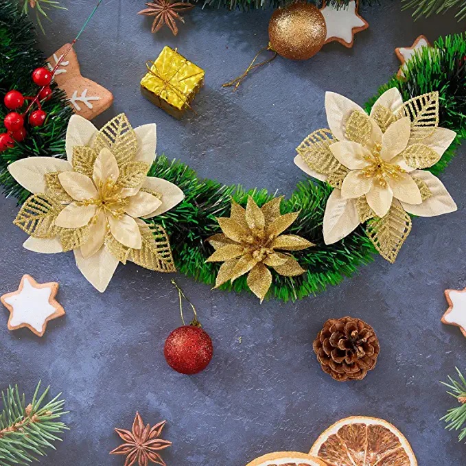 Bộ 5 Bông Hoa Lụa Ba Lớp Lấp Lánh Trang Trí Cây Thông Giáng Sinh Năm Mới