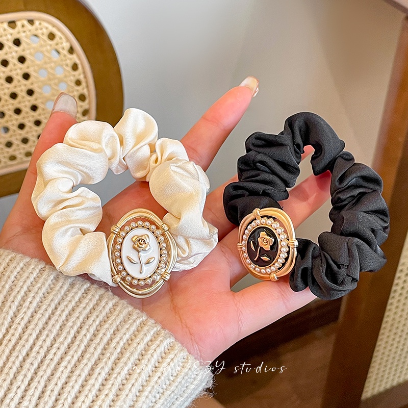 Dây Buộc Tóc Satin Đính Hoa Hồng Ngọc Trai Phong Cách Hàn Quốc Thanh Lịch Cho Nữ