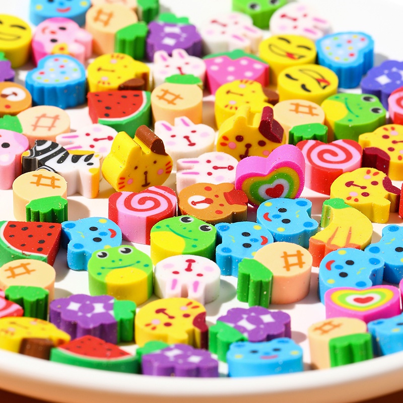Set 20 Cục Tẩy Bằng PVC Mini 10 * 10mm Họa Tiết Trái Cây / Số / Trái Cây Hoạt Hình Đa Dụng