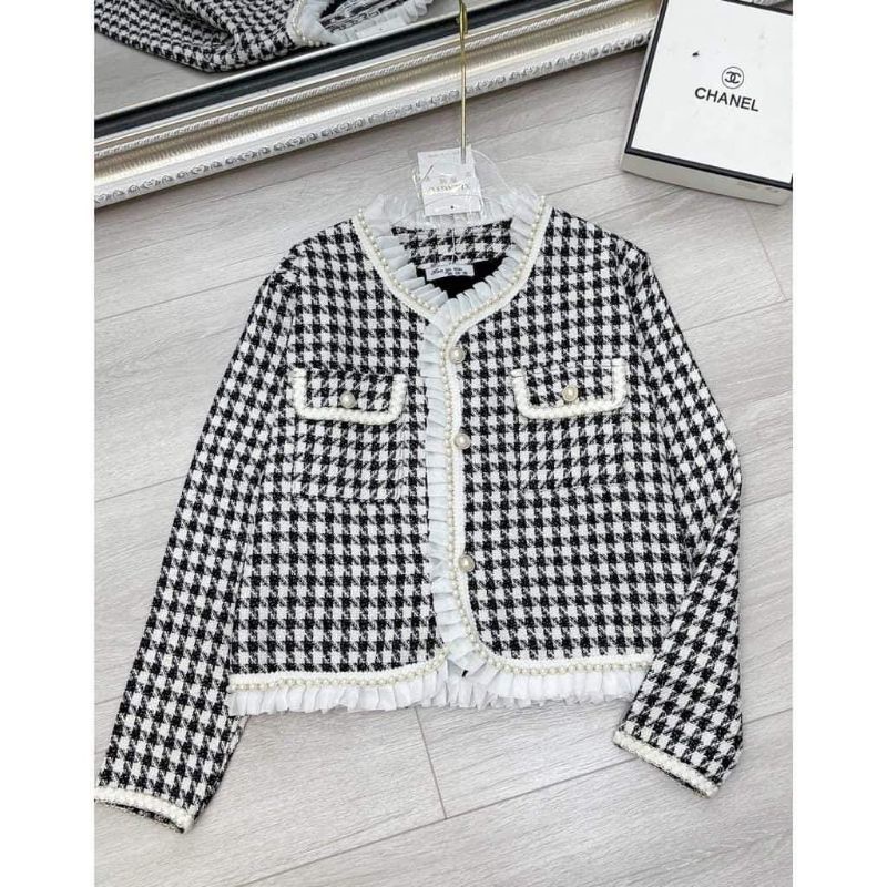 Áo khoác dạ kẻ ziczac viền ngọc xếp bèo trắng bigsize 60-90kg