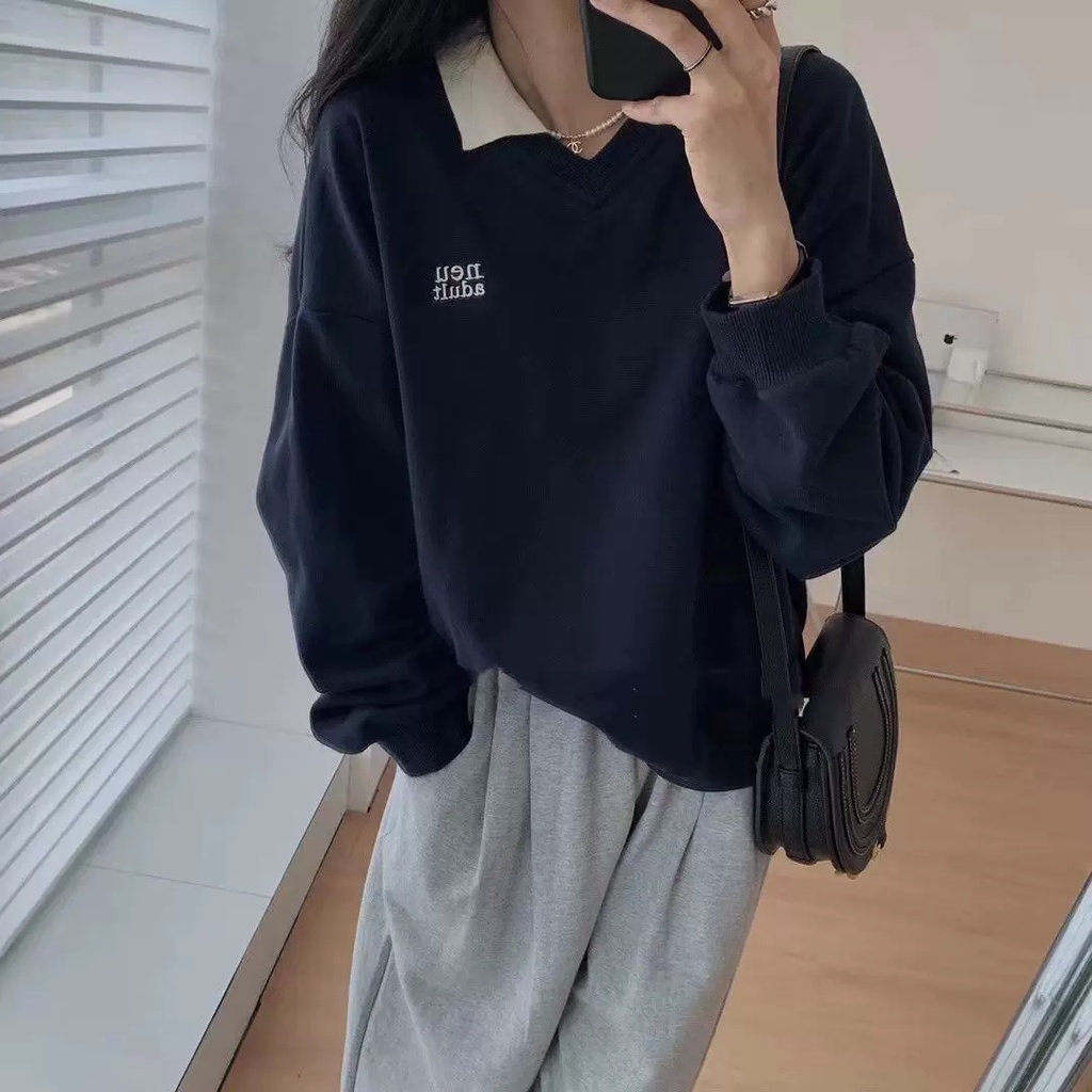 Áo sweater SUXI cổ polo tay dài dáng rộng vải lông cừu thời trang mùa đông dễ phối đồ cho nữ