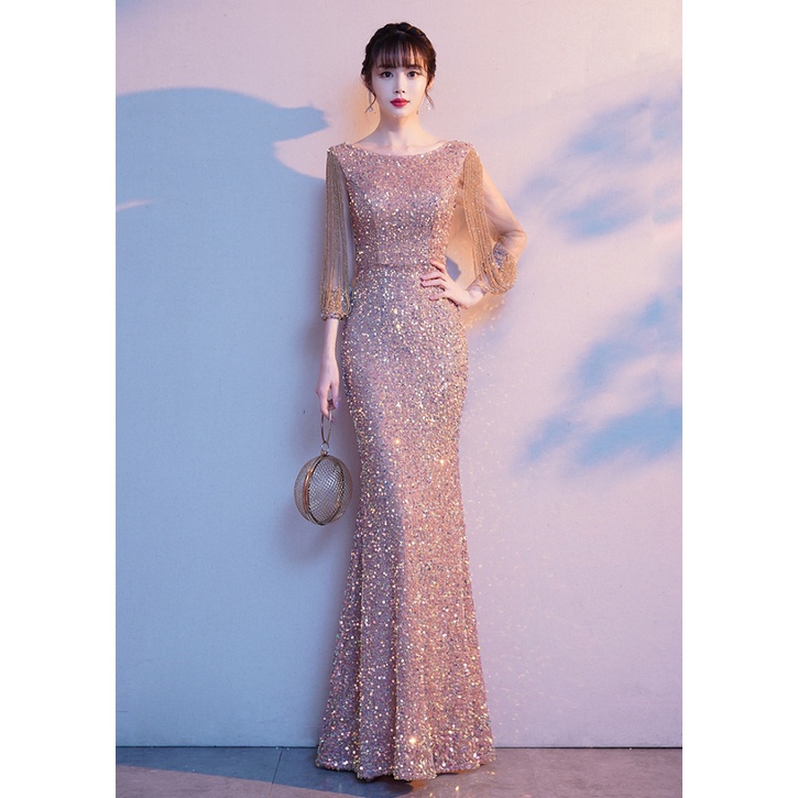 Đầm Dự Tiệc Dáng Dài Đính Kim Sa Lấp Lánh Thiết Kế Thanh Lịch Quyến Rũ Thời Trang