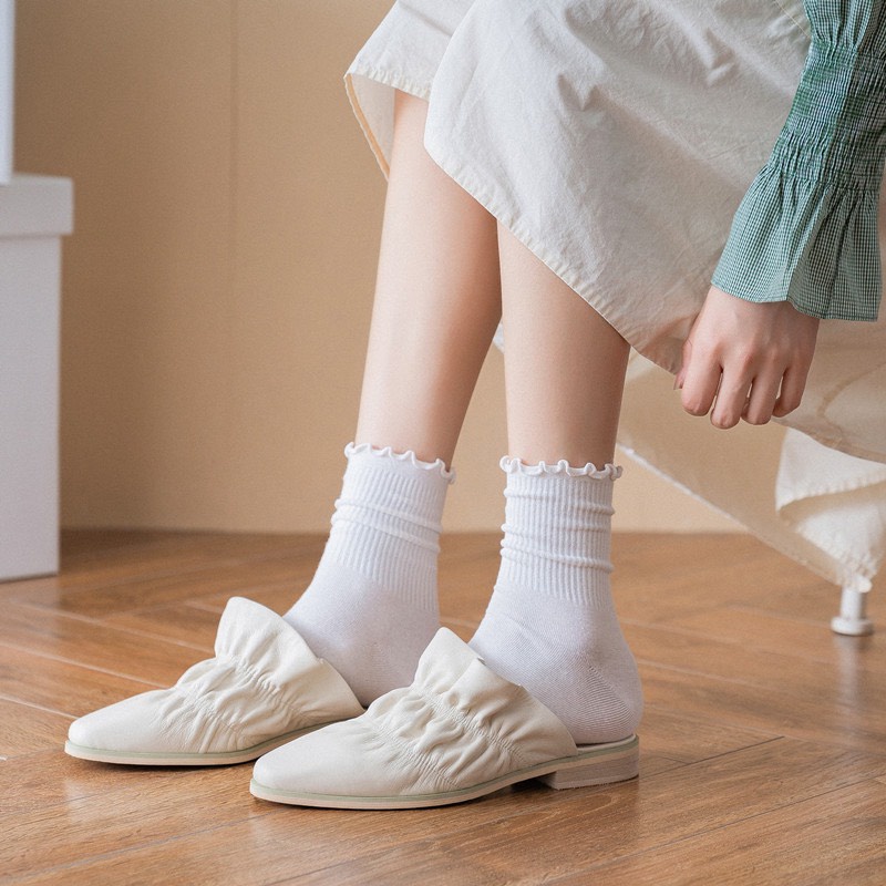 Tất Cổ Cao Muzini Nữ Bèo Nhún, Vớ Bèo Nhún Nữ Cổ Cao Màu Trơn Basic Thời Trang Vintage Hàn Quốc TN30 V3