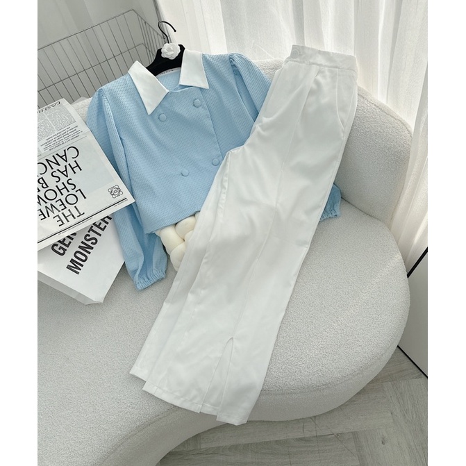 SET ÁO XANH XỐP TAY BO ĐÍNH NÚT CỔ TRẮNG + QUẦN SUÔNG TRẮNG XẺ (TH)