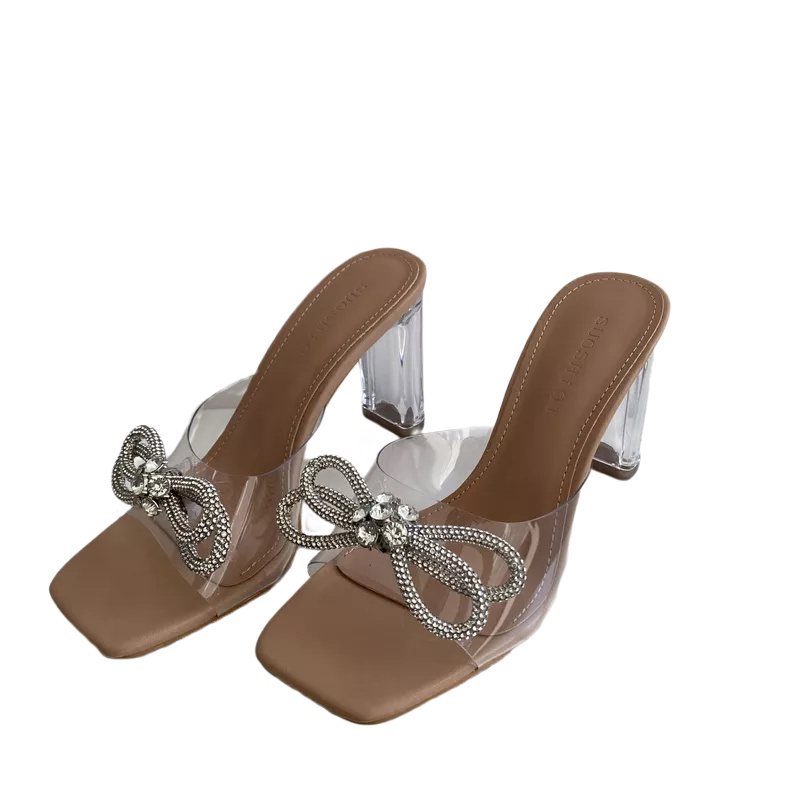 Giày Cao Gót Mũi Vuông Quai Trong Suốt Đính Đá Thời Trang Mới