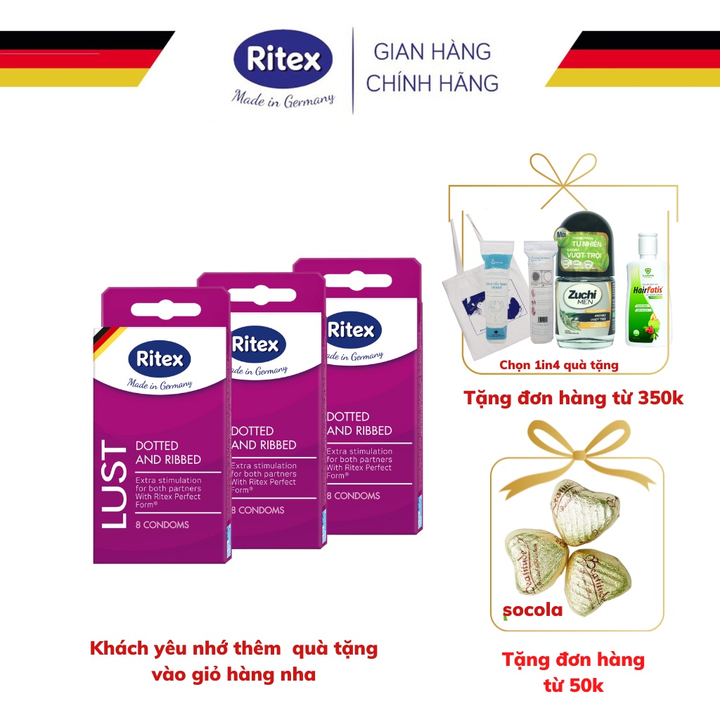 BỘ 03 Hộp bao cao su Ritex Lust - Gân gai, bao cao su trong suốt chấm hạt nổi đan sen, 8 bao/hộp