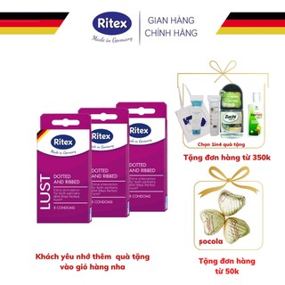 BỘ 03 Hộp bao cao su Ritex Lust - Gân gai, bao cao su trong suốt chấm hạt nổi đan sen, 8 bao/hộp