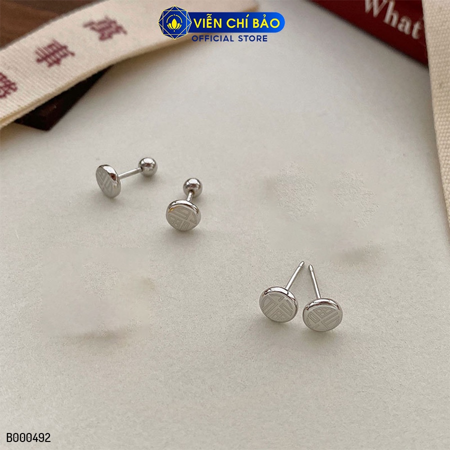 Bông tai chữ Phúc tròn chốt vặn chất liệu bạc Thái 925 thời trang phụ kiện trang sức nữ Viễn Chí Bảo B000492