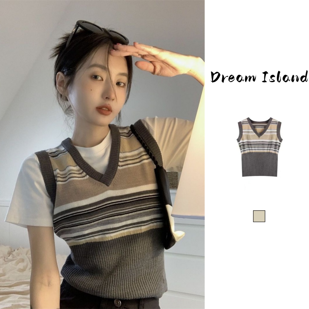 Áo gile Len Áo Ghi Lê Dệt Kim Không Tay Cổ Chữ V Kẻ Sọc Phong Cách Retro Mùa Thu Dành Cho Nữ
