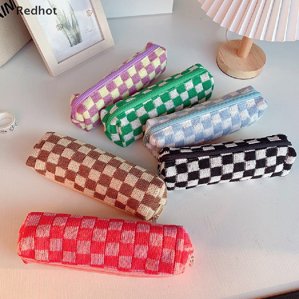 &lt; Redhot &gt; Túi Đựng Bút Chì Mỹ Phẩm Dệt Kim Kẻ Ô Dễ Thương Sức Chứa Lớn Và Sắp Xếp Gọn Gàng Cho Trường Học