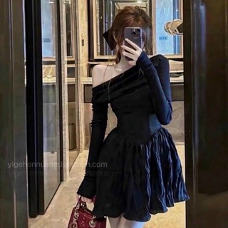 Đầm body nữ hở vai phối tùng xoè TIBU, váy xoè ôm dáng lệch vai dài tay hotrend vải dày dặn chất đẹp mặc hai kiểu