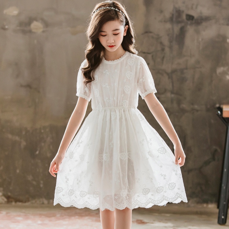 Váy đầm xoè ren trắng công chúa tiểu thư cộc tay cho bé gái (Cao 120-170cm, nặng 17kg-45kg) N01357