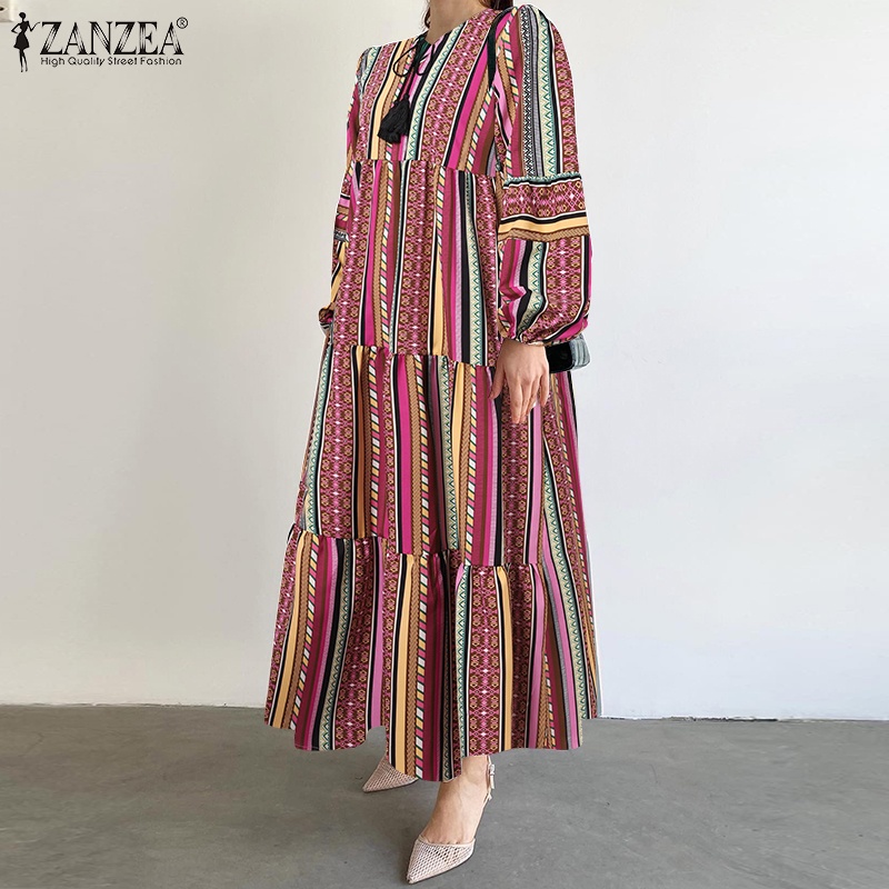 Đầm dài ZANZEA cổ tròn in họa tiết hình học thời trang cho nữ
