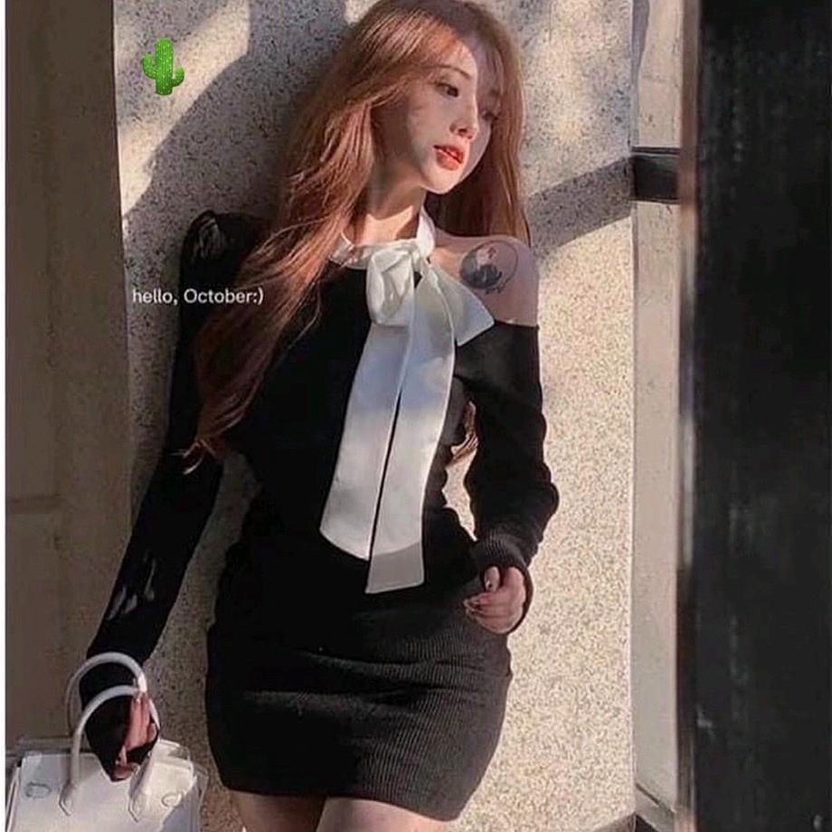 Đầm body tay dài phối nơ, váy body chất thun gân