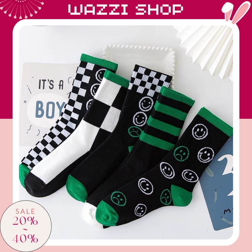 Tất Vớ Dài Nam Nữ Họa Tiết Smile Caro Sọc Xanh Lá Phối Đen [WAZZI.SHOP]