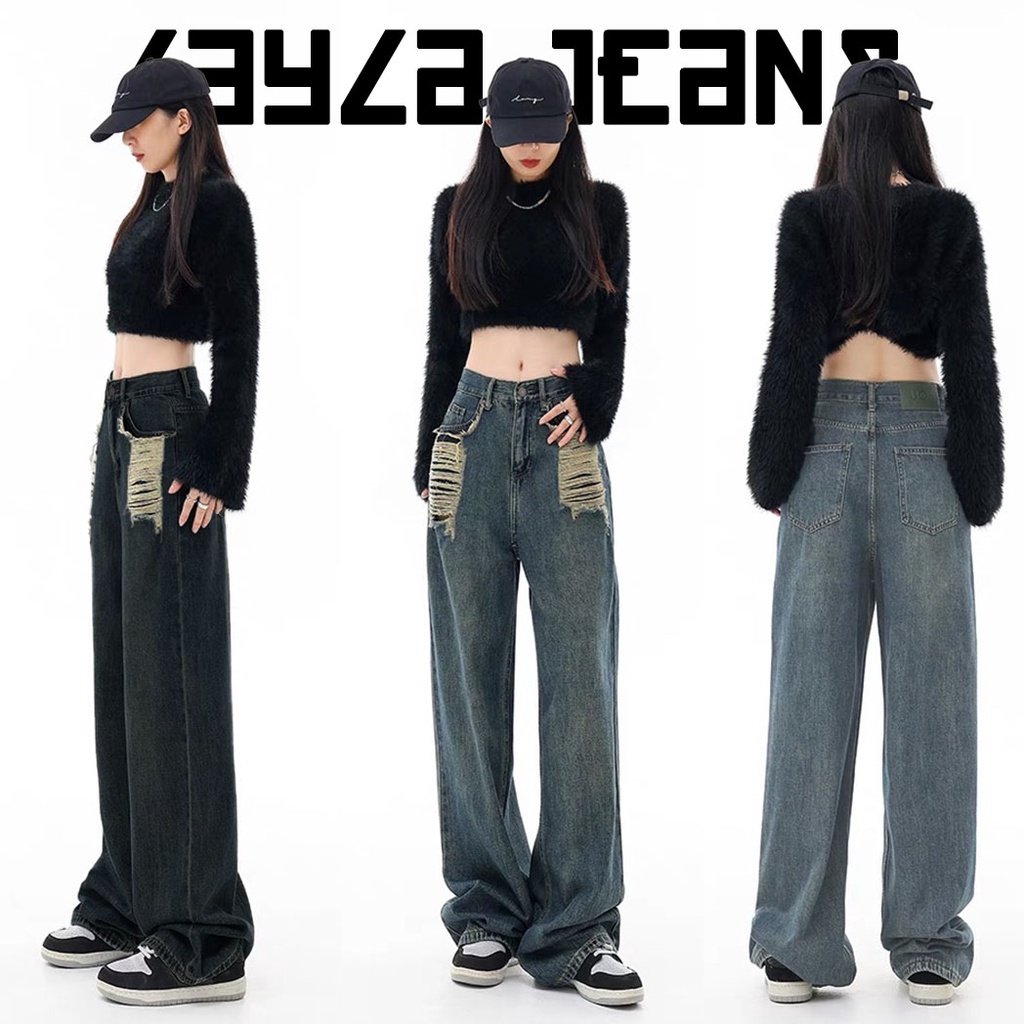 Quần Jean Ống Rộng Cạp Cao Rách Hai Bên Dưới Túi Quảng Châu Layla Ver.121