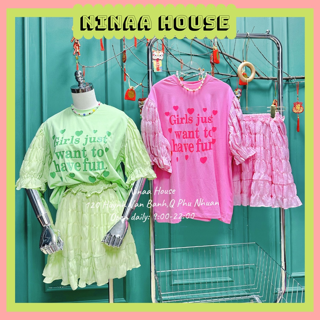 Set Chân Váy Tơ Nhăn Kèm Áo Thun In Chữ Dễ Thương Màu Xanh Hồng Pastel - Ninaa House
