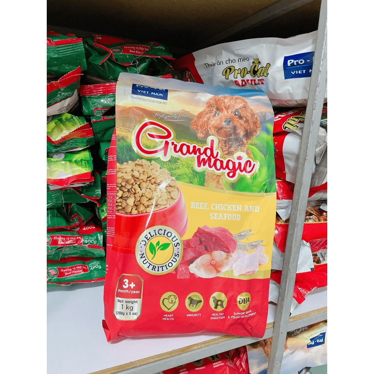< Túi 1KG > Thức ăn cho Chó - Hạt Grand Magic Dạng viên vị thịt bò, gà và hải sản.