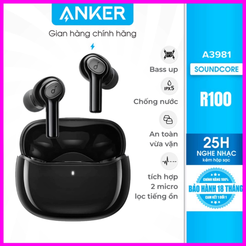 Tai nghe bluetooth SOUNDCORE (by ANKER) R100 True Wireless, 25 giờ nghe nhạc, chống nước IPX5, tích hợp 2 mic - A3981