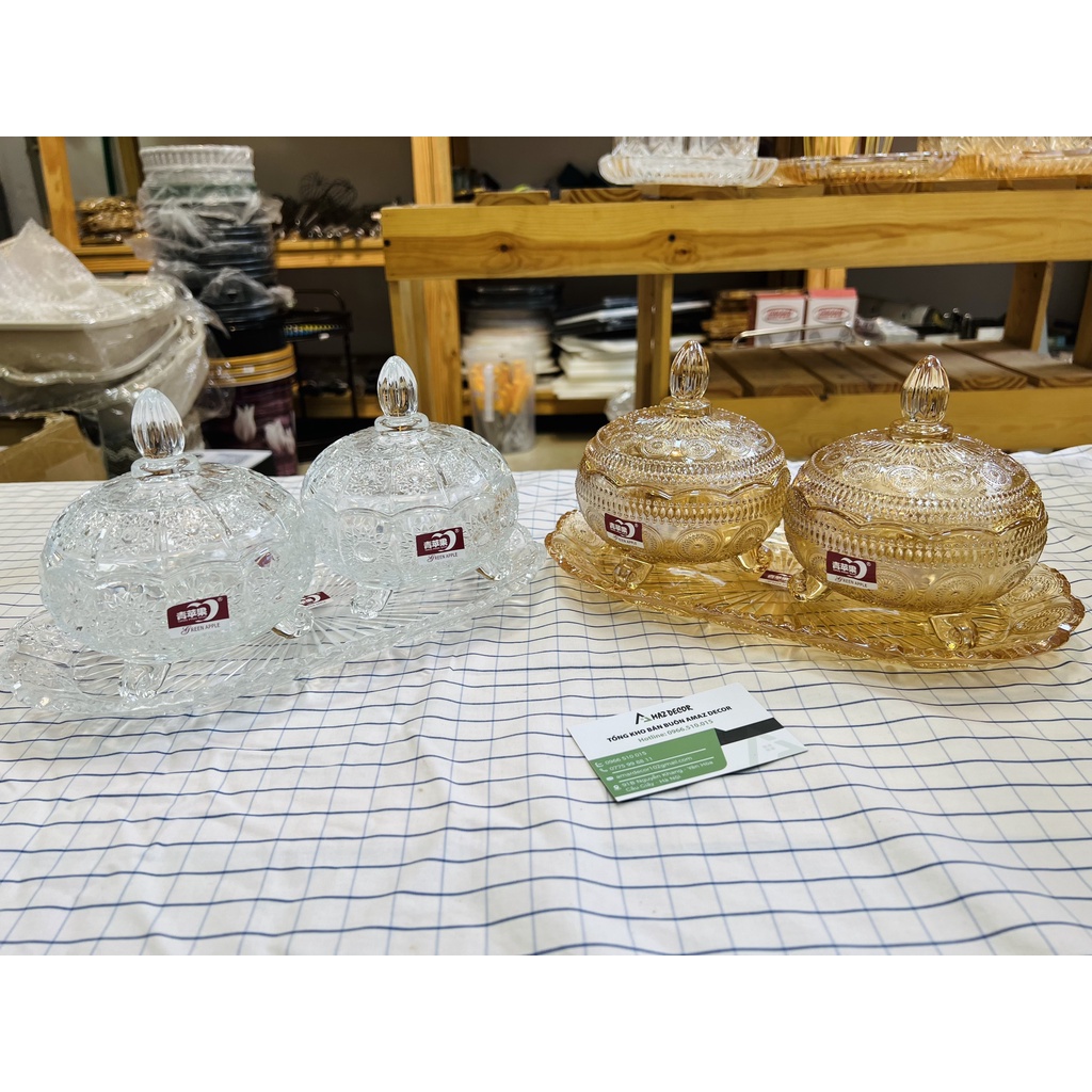 SALE NGHỈ TẾT 2023 Âu thố đôi kèm đĩa thủy tinh trong suốt có nắp đựng mứt kẹo bánh ô mai hạt dẻ cười hướng dương đẹp