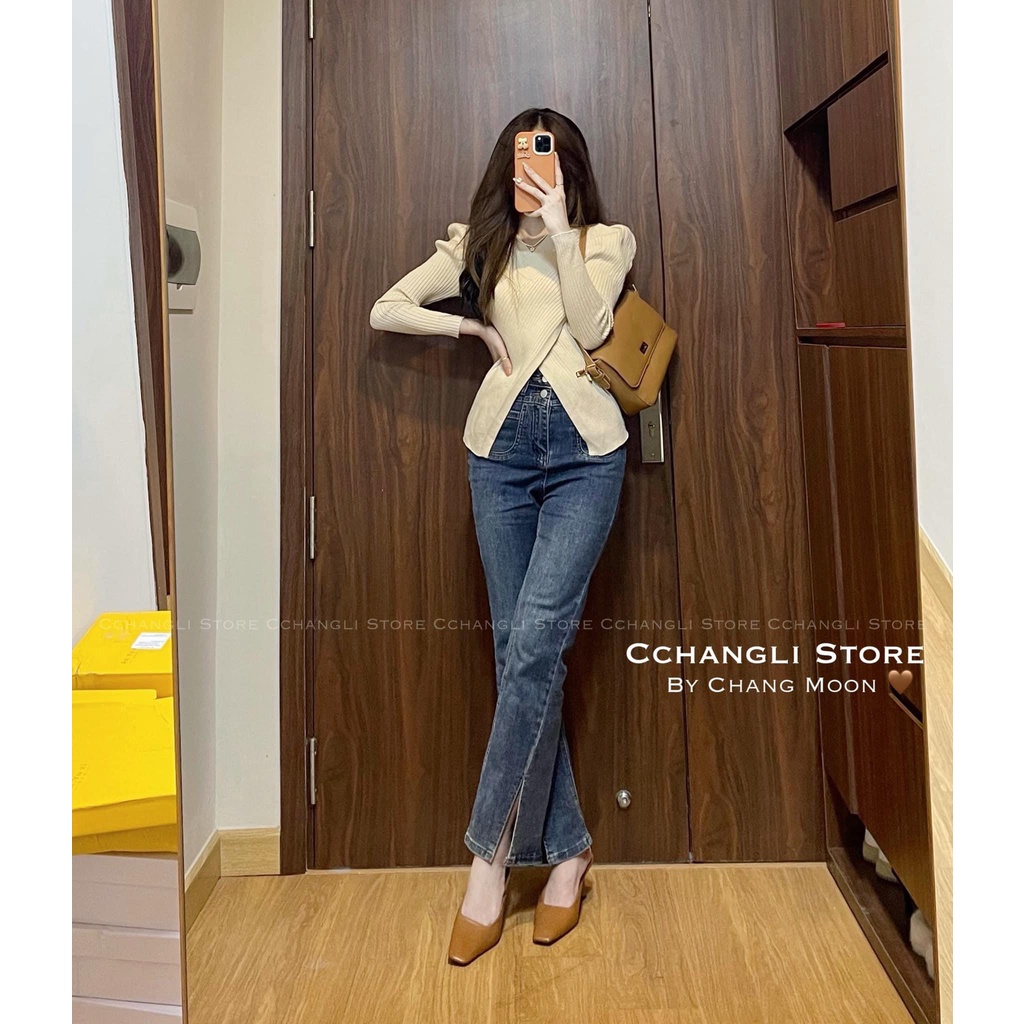 Quần jean nữ ống loe xanh xẻ gấu cạp cao,quần bò ôm xẻ gấu co dãn,quần nữ túi trước