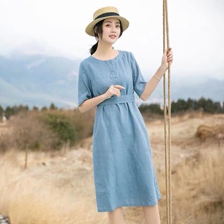 Đầm suông Linen thô Hàn cổ tròn tay lỡ đai rời, chất vải Linen Hàn mềm mát - Xanh dương