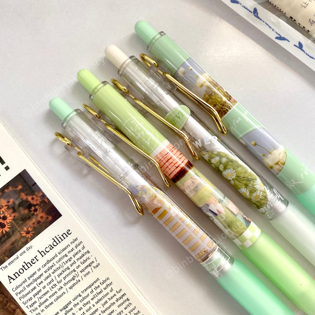 Bút bấm MURA Green Garden phong cách hoa mùa xuân, mắc cài ánh kim, mực đen, ngòi 0.5mm BMR-8161