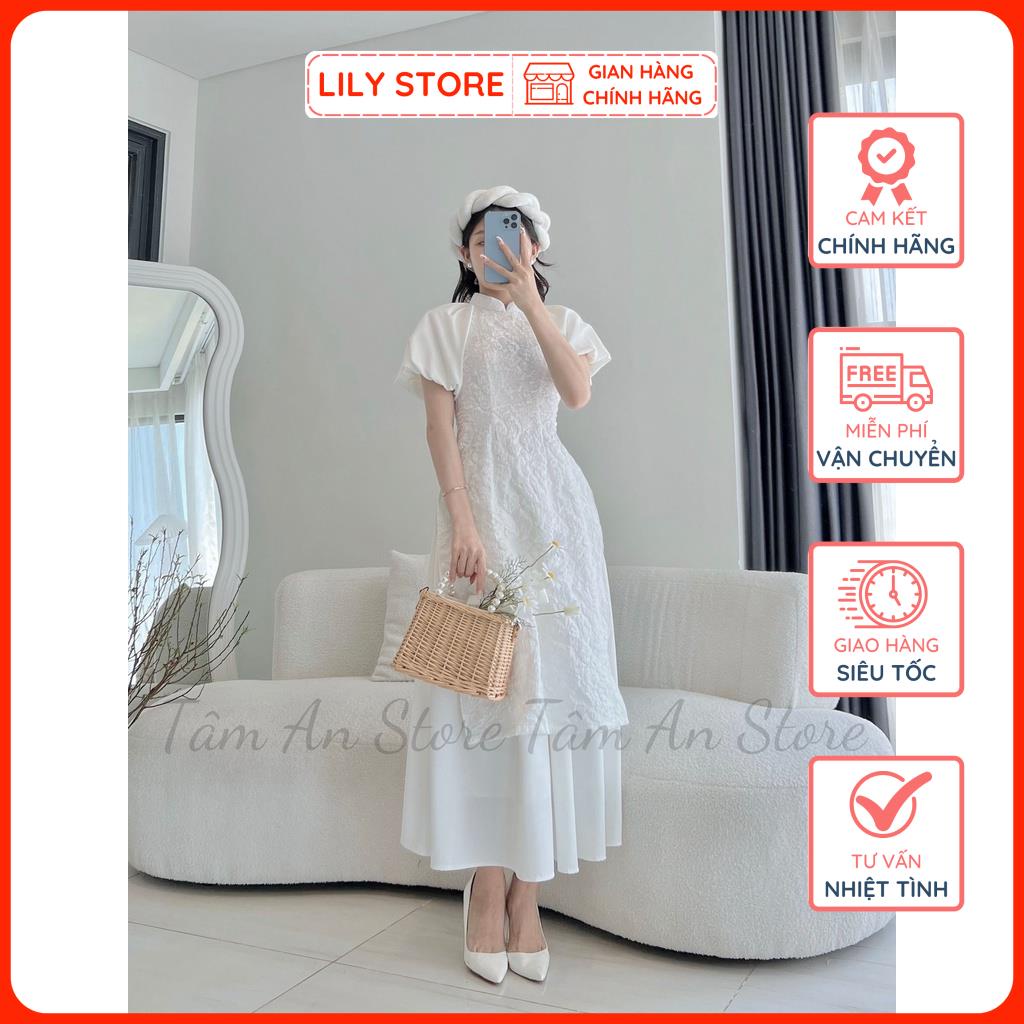 Bộ Áo Dài Gấm Trắng LILY STORE, Áo Dài Cách Tân Nữ Tay Bồng Kèm Chân Váy Xòe Hàng Thiết Kế Đủ Size.