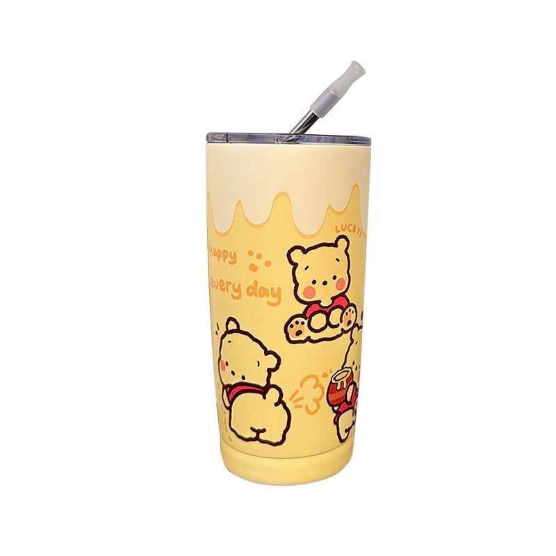 Cốc Giữ Nhiệt Bằng Thép Không Gỉ 304 550ml Thiết Kế Hình Gấu Pooh Màu Vàng