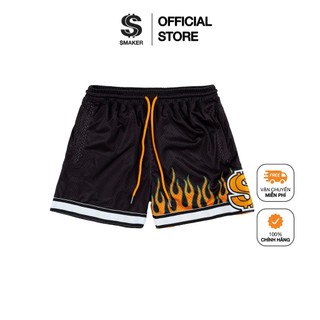 Quần đùi nam kiểu thể thao, quần short vải lưới mesh cao cấp, in hình ngọn lửa - flame mesh short in black