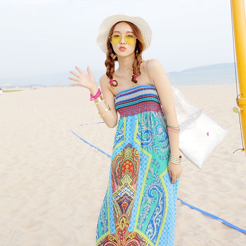 Váy Maxi Vintage Hoạ Tiết Thổ Cẩm Đi Biển Nữ ( Order + Ảnh thật)