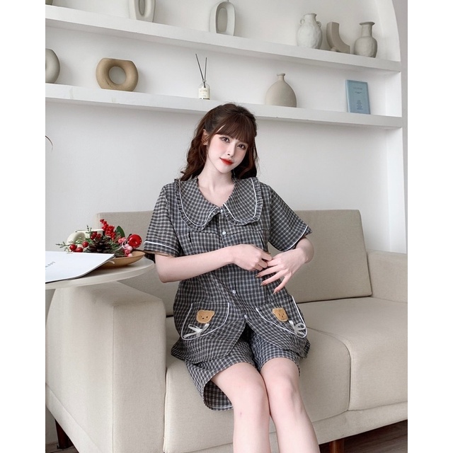 Bộ đồ bầu và sau sinh kẻ cổ ren chất đẹp, có khóa kéo cho bé ti BD194