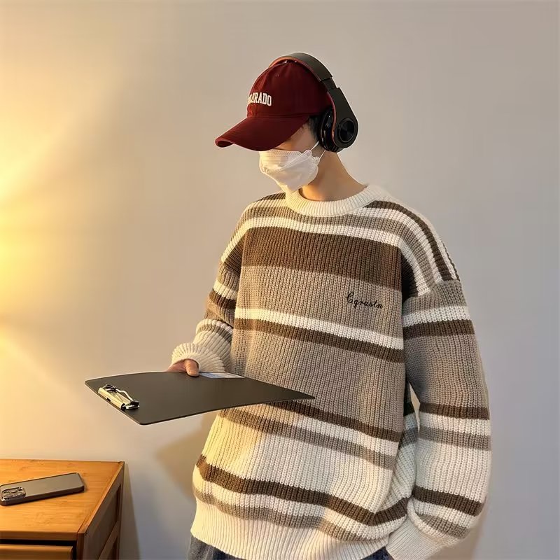 Áo Sweater Dệt Kim Tay Dài Cổ Tròn Họa Tiết Kẻ Sọc Thời Trang Thu Đông 2022 Cho Nam