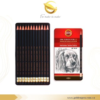 Bút Chì Toison D'or Koh I Noor 1902 Hộp Sắt Bộ 12 Chiếc Từ 8B - 8H | Chì Gỗ Đen Phác Thảo