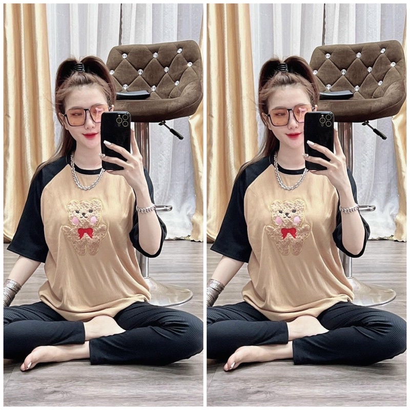 Set quần caro ống suông phối áo thun freesize họa tiết bé gấu đội nón in 3D cực xịn từ 45kg đến 65kg