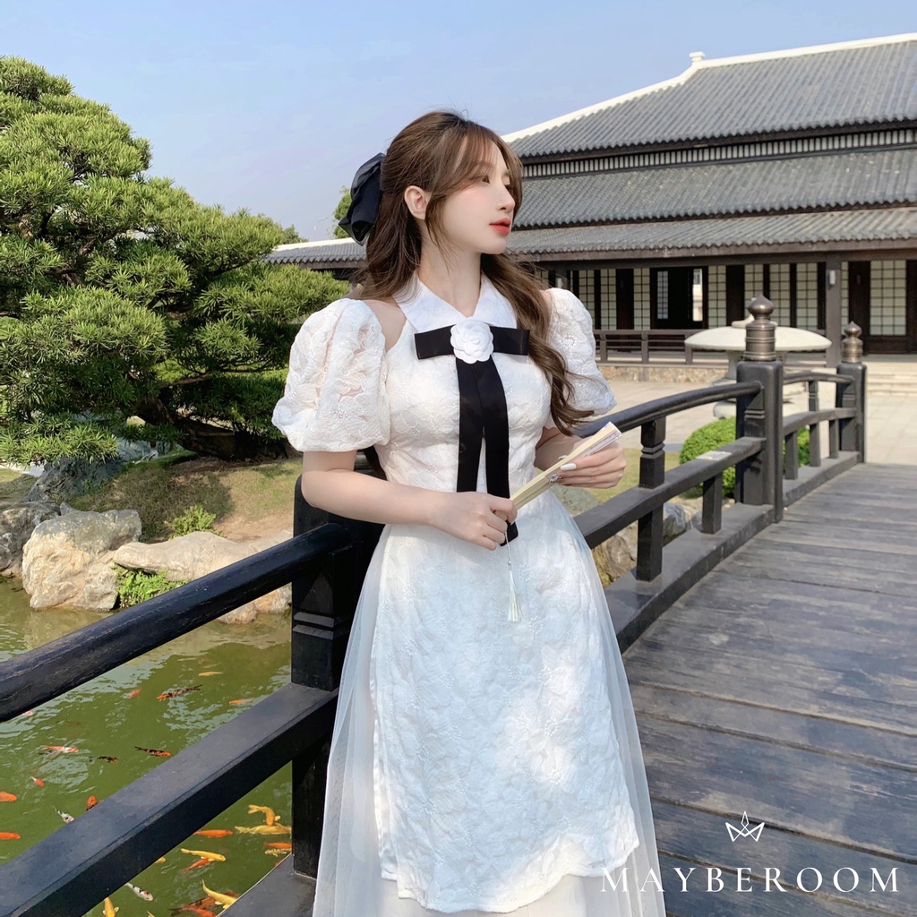 Set áo dài trắng tinh khôi đính kèm nơ tiểu thư mix chân váy lưới voan Áo dài Thiên Kim Mayberoom