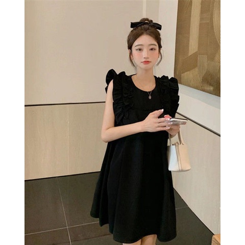 Váy Phong Cách Mới Mùa Hè 2023✨✨Đầm Búp Bê Màu Đen Thiết Kế Xinh Xắn Thời Trang✨✨Đầm Sát Nách Cổ Tròn Phối Bèo Thiết Kế Dáng Rộng Thoải Mái