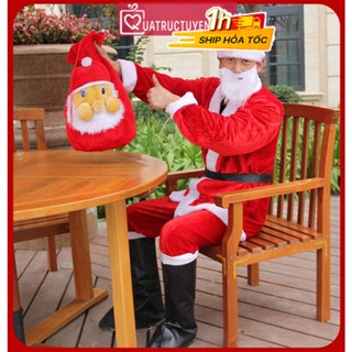 Bộ quần áo ông già Noel, trang phục noel người lớn free size full phụ kiện: mũ, quần áo, râu, túi đựng, đai lưng