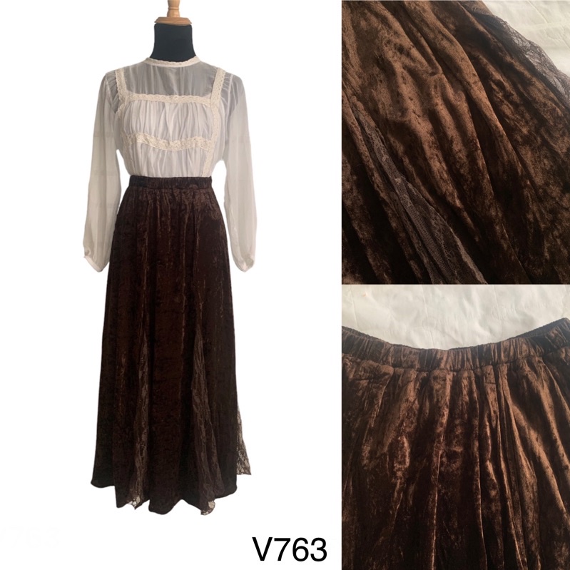 Chân váy xoè V763 dáng dài cạp chun co giãn chất nhung phối ren dày dặn 2hand Nhật si tuyển ảnh thật