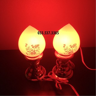 Đèn thờ cúng trái đào, đèn ban thờ led bóng thủy tinh, thân mạ vàng