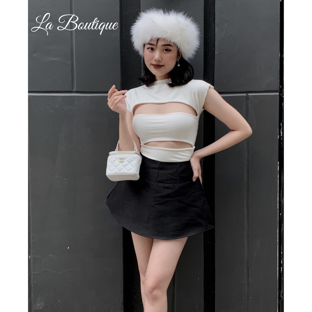 Set chân váy hack eo và áo kiểu tay ngắn khoét ngực trendy La Boutique chất thun lụa ôm body phối nhiều kiểu xinh xắn