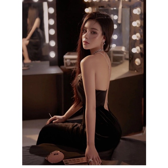 Hàng có sẵn Yona’s Đầm hai dây sexy thiết kế hở lưng xẻ tà dự tiệc phong cách Retro kèm Feelback khách xinh D5B
