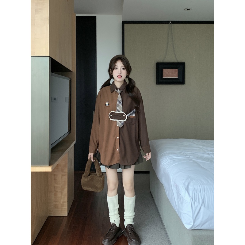 Áo Sơ Mi Caro Thêu Hình Chú Chó Phong Cách Hàn Quốc