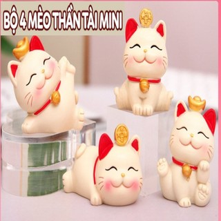 Bộ 4 mèo thần tài may mắn chiêu tài, chiêu lộc, dể thương phát tài lộc gốm sứ cao cấp decor văn phòng, trang trí ôtô